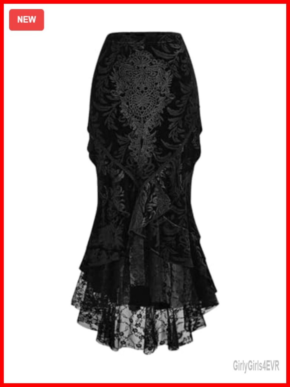 Goth Lace Fishtail Bodycon Skirt High Waisted Ruffle Hem